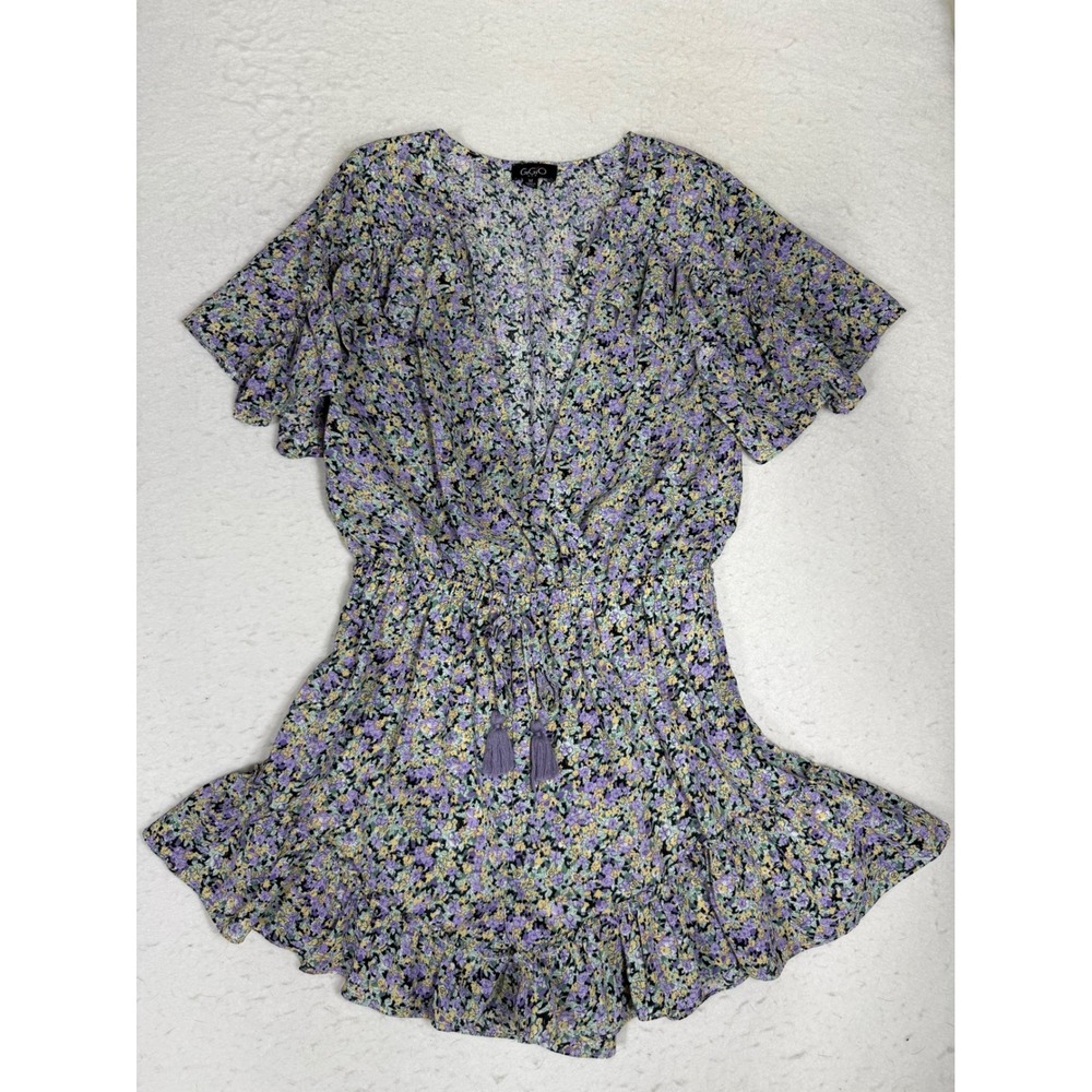 Gigio USA Womens Purple Floral Surplice Ruffle Romper Short Sleeve Tassel Size M